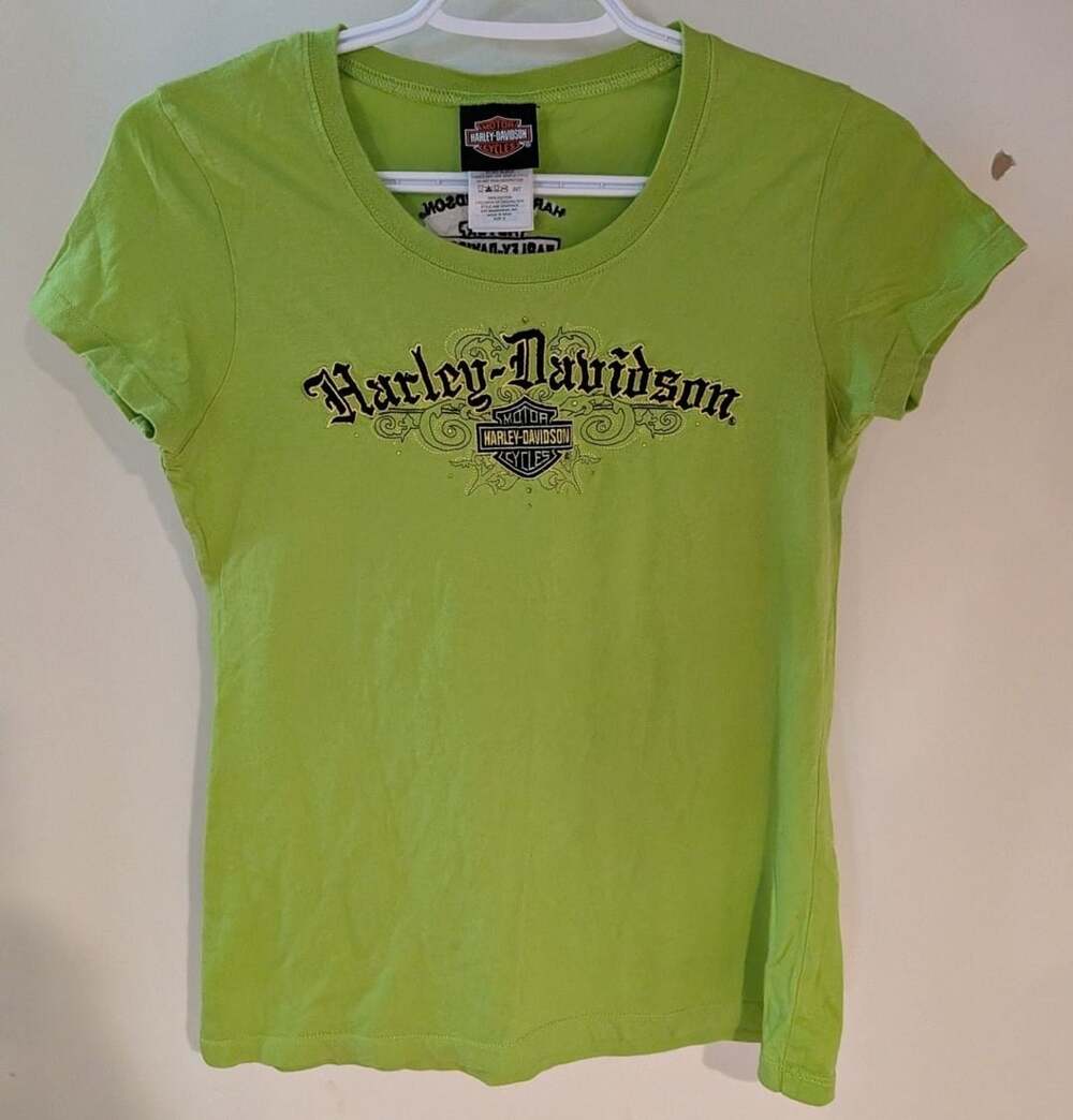 Harley-Davidson Women's Green Short Sleeve Rhinestone Embellishe Graphic T-Shirt